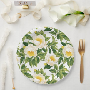 White and yellow Claire de Lune peonies Paper Plate