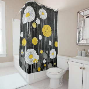 White and Yellow Daisies on Grey Black Shower Curtain