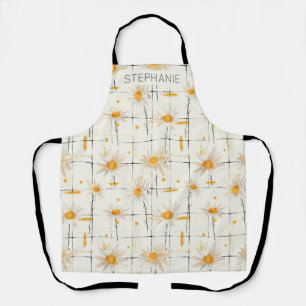 White and Yellow Daisies - Rustic Plaid Background Apron