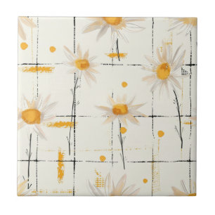 White and Yellow Daisies - Rustic Plaid Background Ceramic Tile