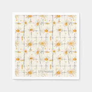 White and Yellow Daisies - Rustic Plaid Background Napkin