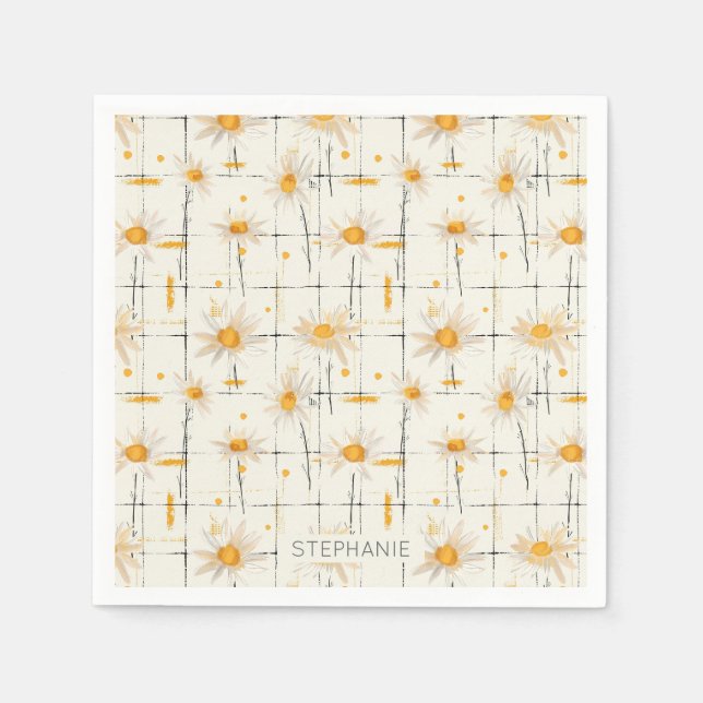 White and Yellow Daisies - Rustic Plaid Background Napkin (Front)