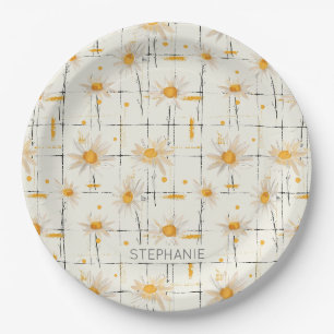 White and Yellow Daisies - Rustic Plaid Background Paper Plate