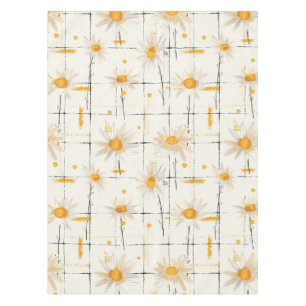White and Yellow Daisies - Rustic Plaid Background Tablecloth