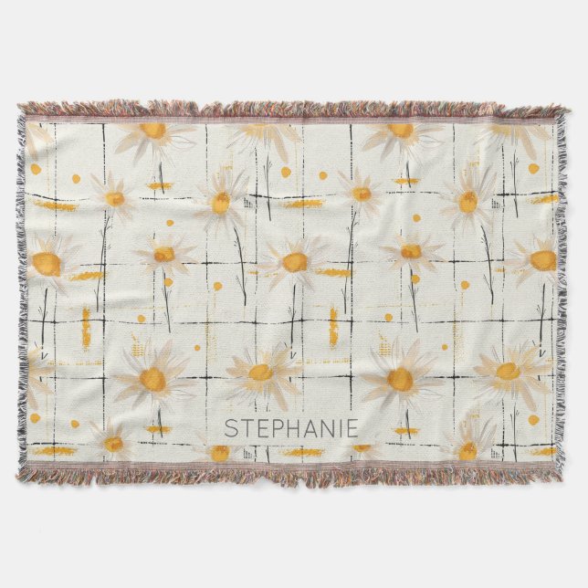 White and Yellow Daisies - Rustic Plaid Background Throw Blanket (Front)