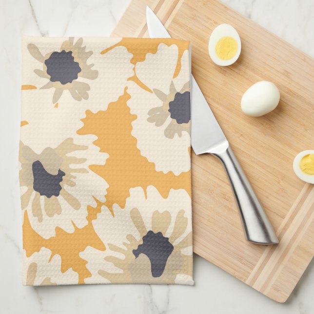 White and Yellow Floral Patterns  Tea Towel (Quarter Fold)