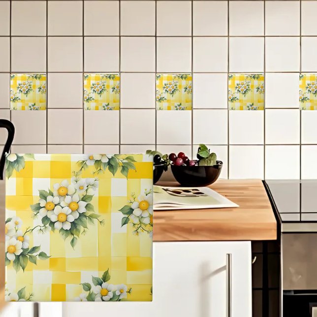 White and Yellow Flowers on Yellow Farmhouse Check Ceramic Tile (Creator Uploaded)