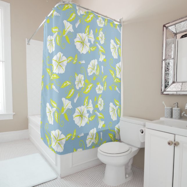 White and yellow flowers pattern on grey shower curtain (In Situ)