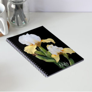 White and Yellow Irises on Black Floral Notebook