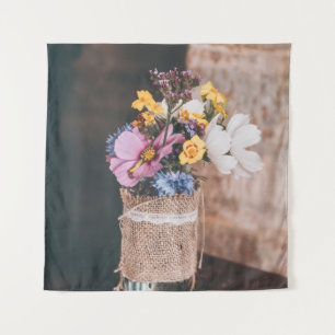 WHITE AND YELLOW PETALED FLOWERS IN GLASS VASE TAPESTRY