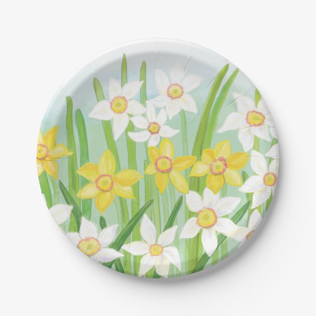 White and Yellow Spring Daffodils  Paper Plate (Front)