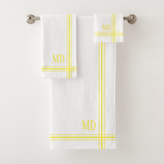 White and Yellow Striped Custom Initials Bath Towel Set (Insitu)