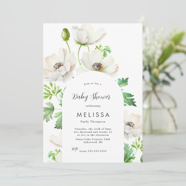 White Anemone Baby Shower Invitation (Standing Front)