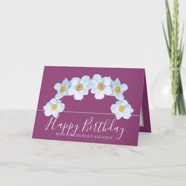 White Anemone Botanical Elegant Happy Birthday Card (Front)
