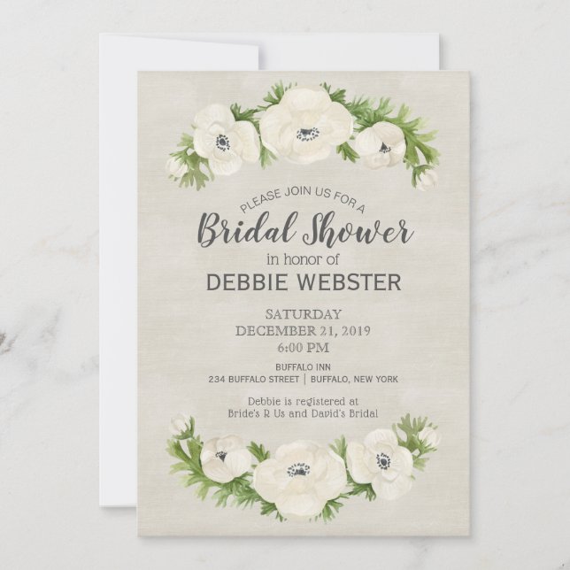 White Anemone Floral Wedding Bridal Shower Invitation (Front)