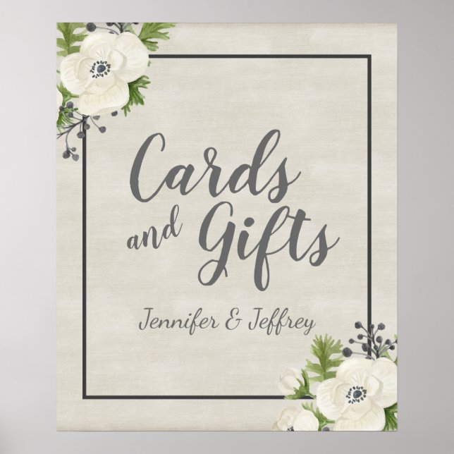 White Anemone Floral Wedding Card & Gift Sign (Front)