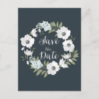 White Anemone Floral Wreath Save the Date Postcard