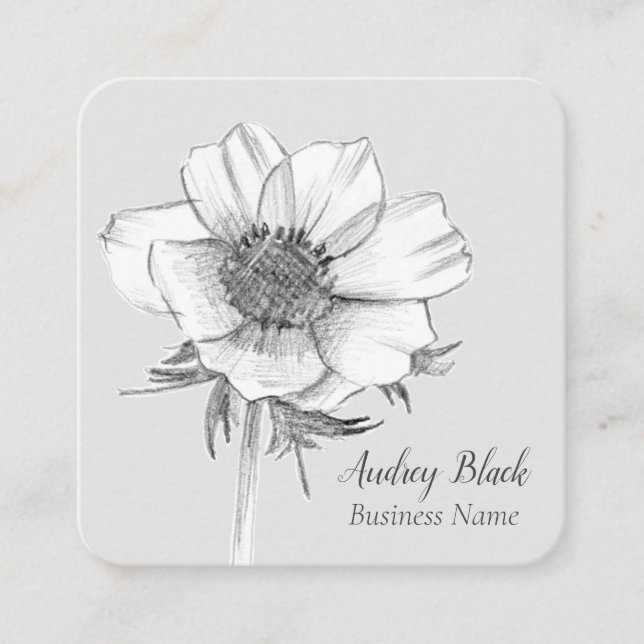 White Anemone Flower Black Grey Botanical Square Business Card (Front)