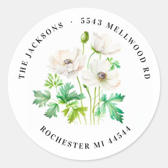 White Anemone flower Return Address  Classic Round Sticker (Front)