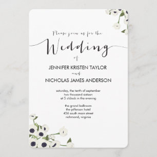 White Anemone Flower Vintage Wedding Invitation