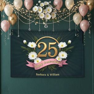 White Anemone Flowers 25th Wedding Anniversary Banner