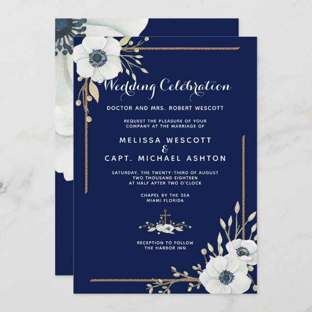 White Anemone Formal Nautical Navy Wedding Invitation (Front/Back)