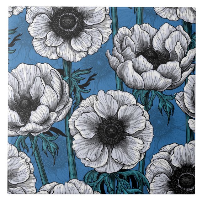 White anemone garden ceramic tile (Front)