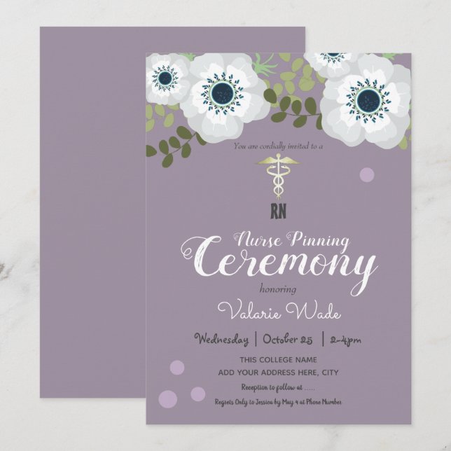 White Anemone Graduation RN Nurse Pinning Ceremony Invitation (Front/Back)