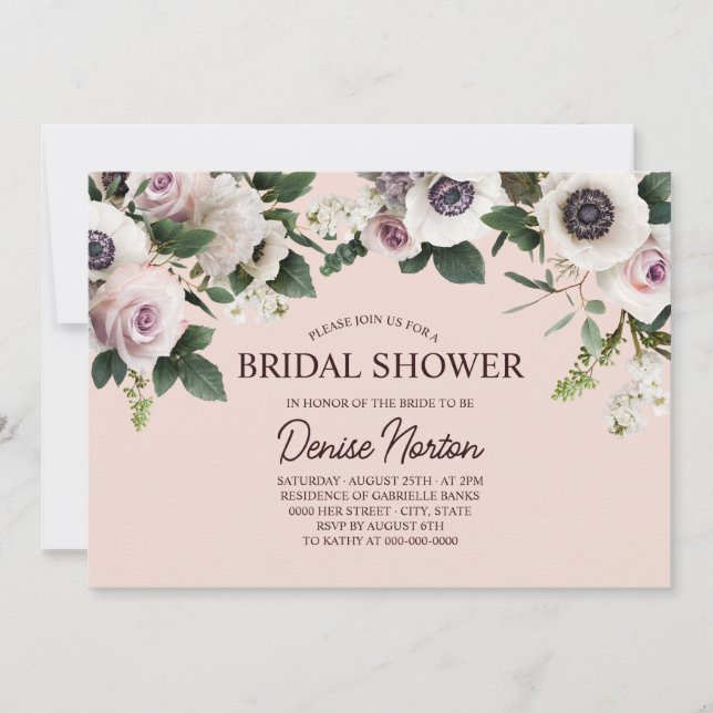 White Anemone on Blush Rose Bridal Shower Invitation (Front)
