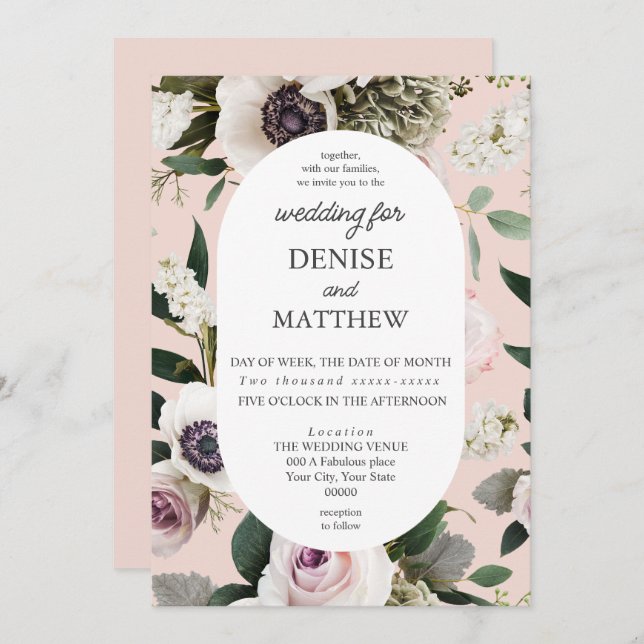 White Anemone on Blush Rose Wedding Invitation (Front/Back)