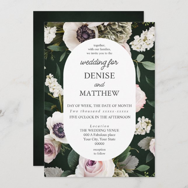White Anemone on Emerald Wedding Invitation (Front/Back)