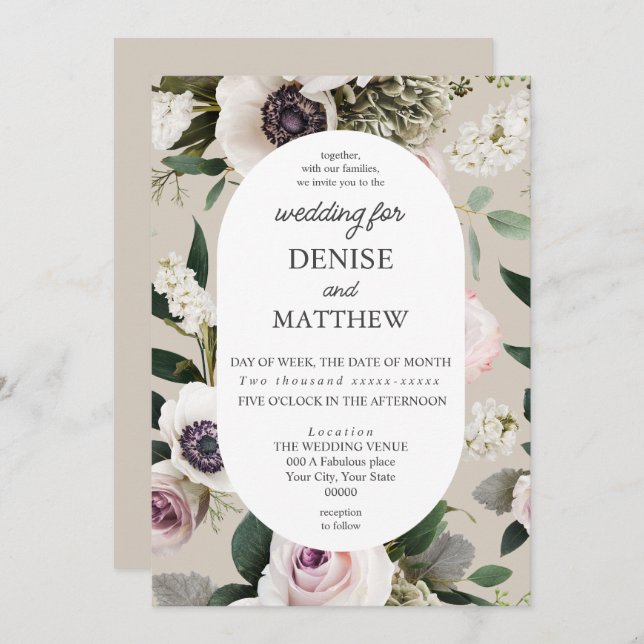 White Anemone on Perfectly Pale Wedding Invitation (Front/Back)