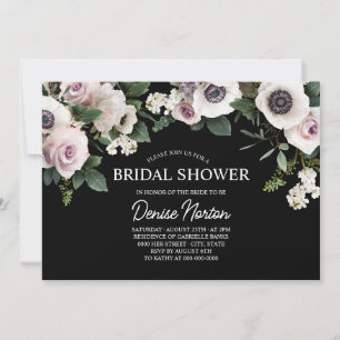 White Anemone on True Black Bridal Shower Invitation