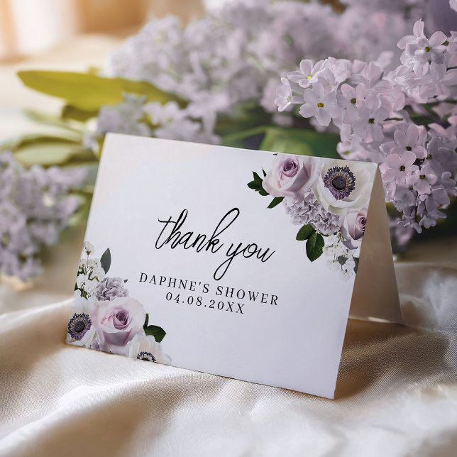 White Anemone & Purple Floral Bridal Shower Folded Thank You Card (Creator Uploaded)