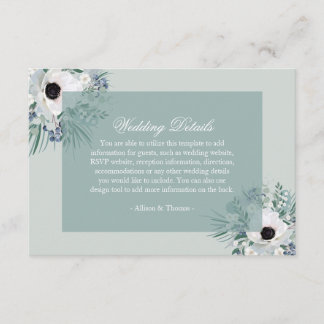 white anemone sage green wedding details card