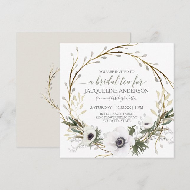 White Anemone Twig Fern Eucalyptus Bridal Tea Invitation (Front/Back)