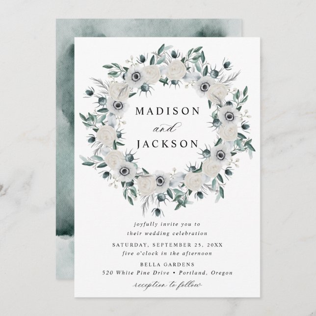 White Anemones and Roses Floral Wreath Wedding Invitation (Front/Back)