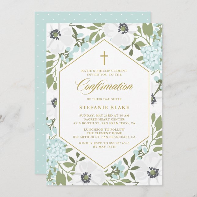 White Anemones Blue Floral Confirmation Invitation (Front/Back)