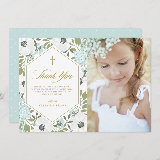 White Anemones Blue Floral First Communion Photo Thank You Card (Front/Back)