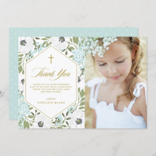 White Anemones Blue Floral First Communion Photo Thank You Card