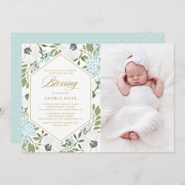 White Anemones Blue Floral Photo Baby Blessing Invitation (Front/Back)