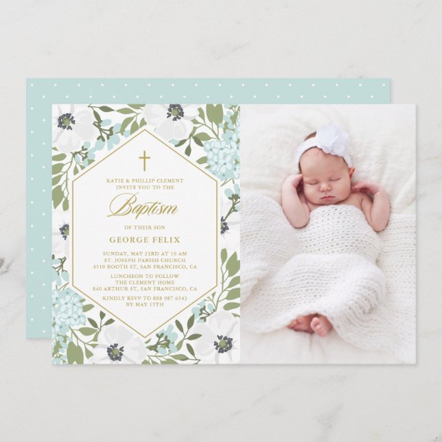 White Anemones Blue Floral Photo Baby Boy Baptism Invitation (Front/Back)