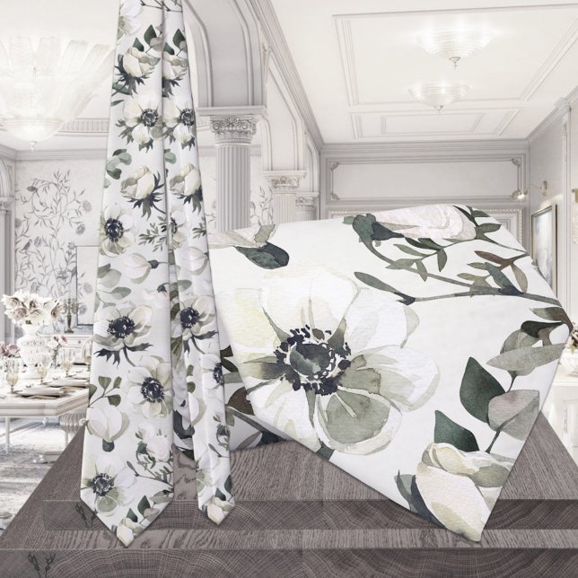 White Anemones Green Eucalyptus Wedding Tie (Creator Uploaded)
