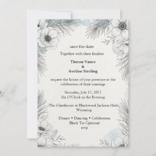 White Anemones, Pine Needles, Watercolor Foliage, Invitation