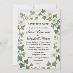 White Anemones, Shamrocks, Ivy Leaves, Celtic Bord Invitation