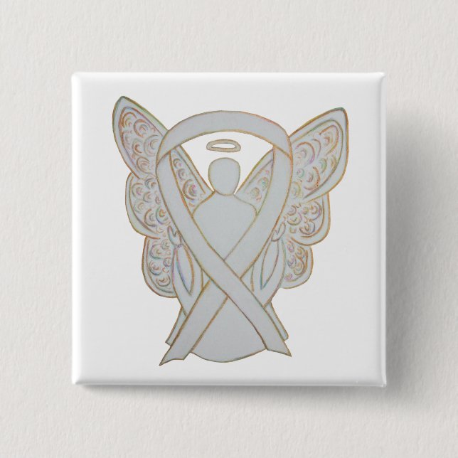 White Angel Awareness Ribbon Custom Art Pins (Front)