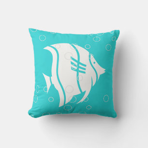 White Angel fish on teal Blue PILLOW