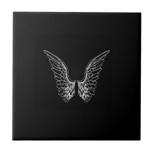 White Angel Wings on Black Background Tile