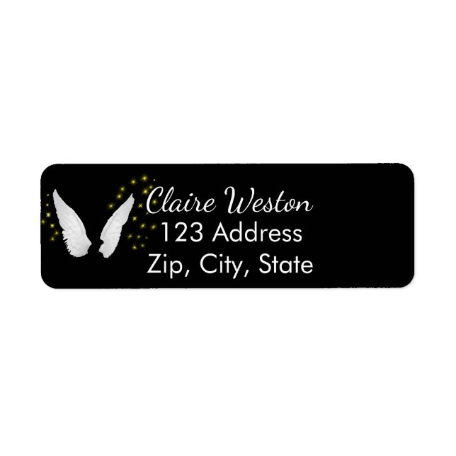 White angel wings on black return address label (Front)
