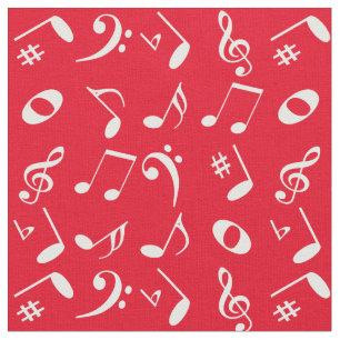 White Angled Music Notes Pattern on Red Fabric